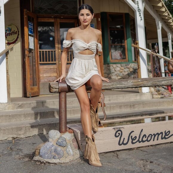 Hawkwell Women Khaki Fringe Cowgirl Snip Toe Pull On Dress Western Ankle Booties - Picture 3 of 6